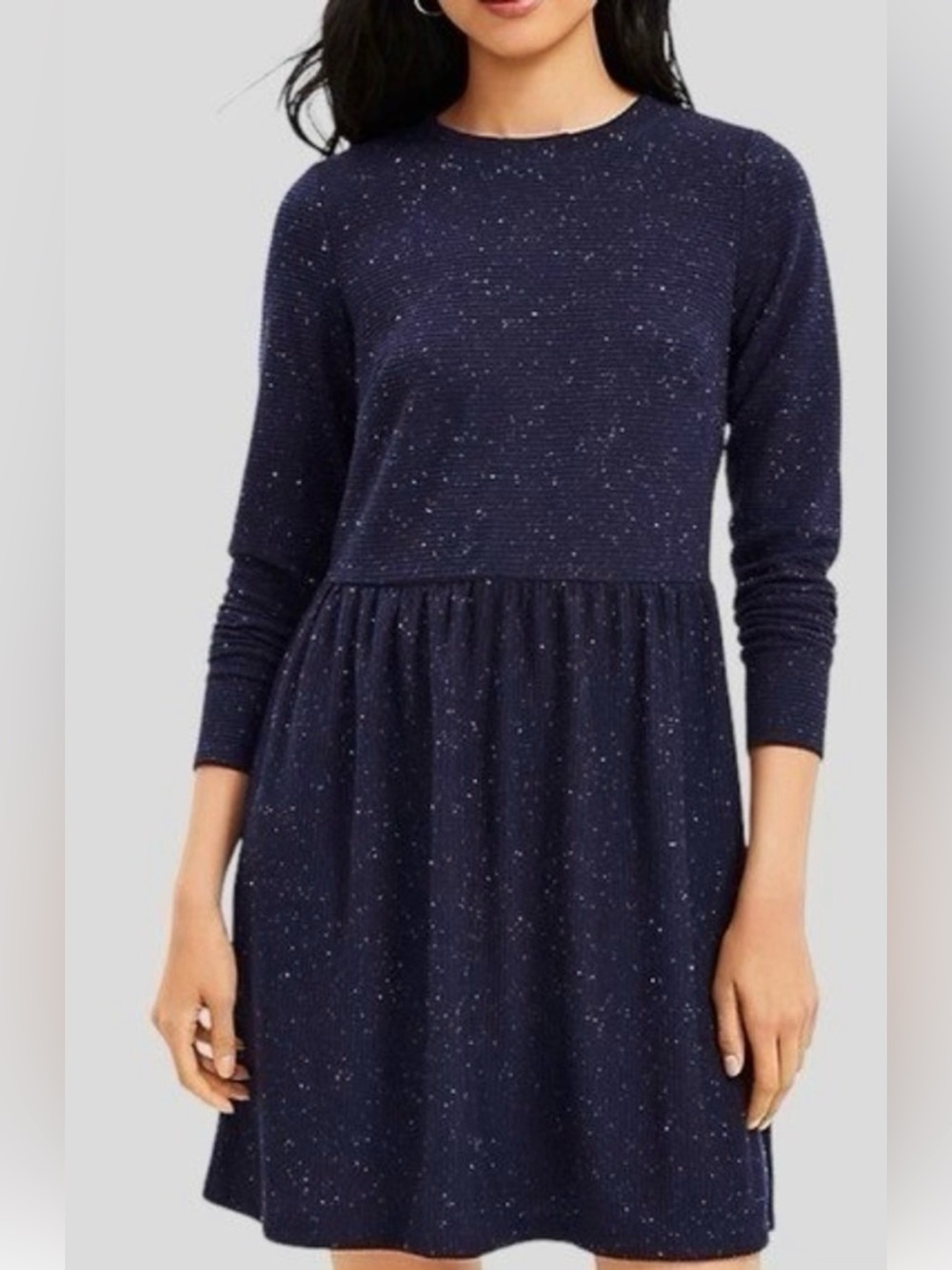 Loft Navy Speckled Long-Sleeve Knit Sweater Dress Small